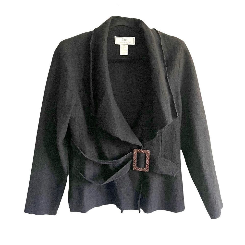 LISA INTERNATIONAL Wool Wrap Sweater Jacket Belt Black S